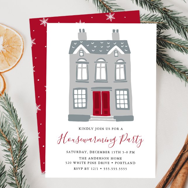 Invitation Maison Gray Cute Avec Porte Rouge Ménage De Vacanc (Créateur téléchargé)