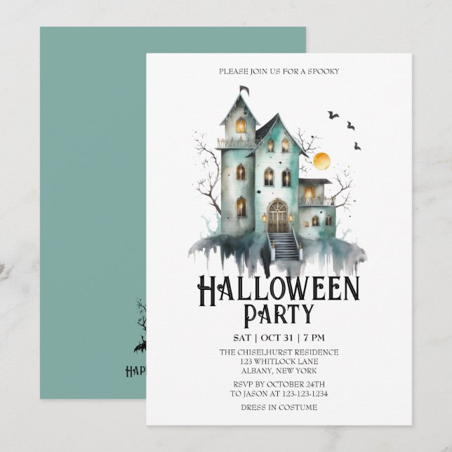 Invitation Maison hantée Éffrayant Costume Mint Halloween Par (Devant / Derrière)