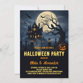 Invitation Maison Hantée Lune Orange Soirée Halloween