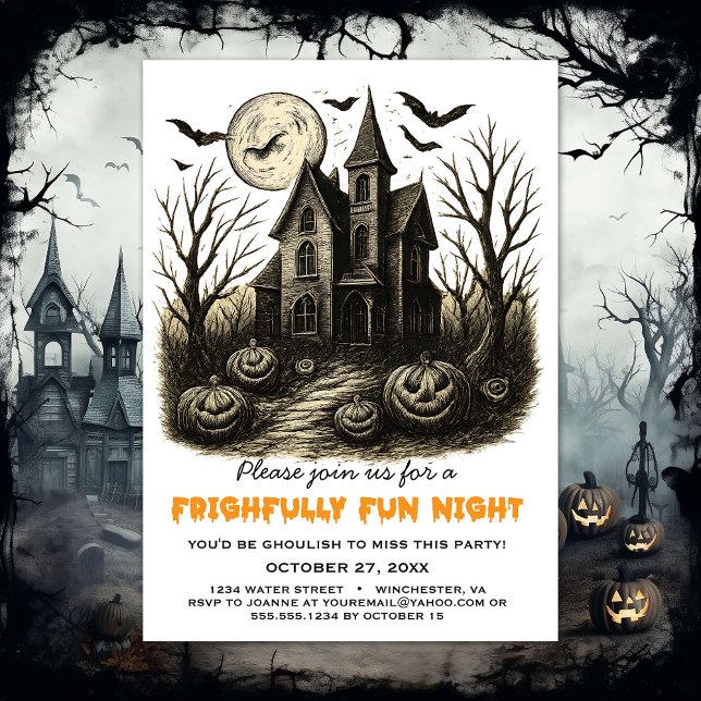 Invitation Maison hantée noire et blanche Fête d'Halloween (Créateur téléchargé)