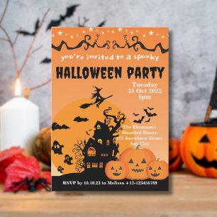 Invitation Maison hantée orange vibrant Halloween 