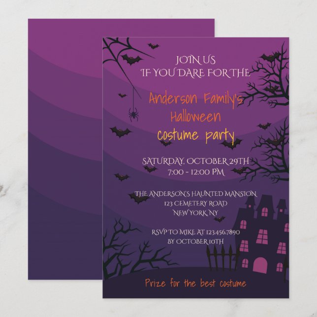 Invitation Maison hantée violette Halloween Costume Party (Devant / Derrière)