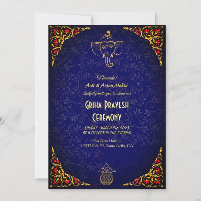 Invitation Maison hindou Réchauffement Griha Pravesh Golden M (Devant)