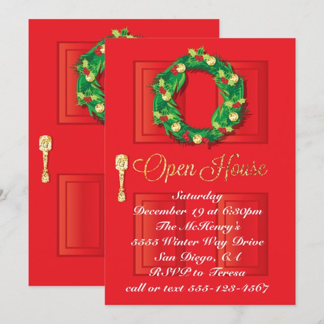 Invitation Maison ouverte de Noël de Porte Rouge avec couronn (Devant / Derrière)