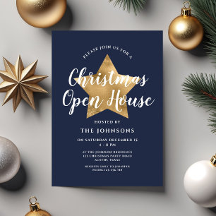 Invitation Maison ouverte de Noël étoile bleu marine festive