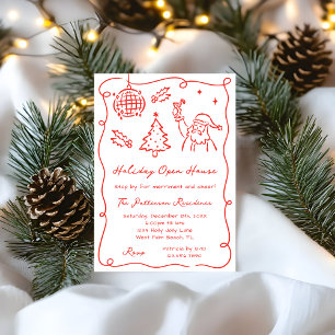 Invitation Maison ouverte de Noël funky rouge fantaisiste de