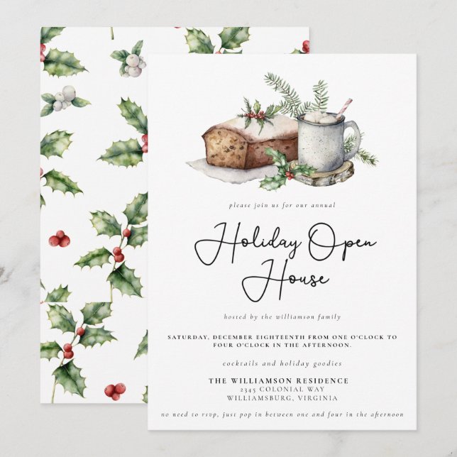 Invitation Maison ouverte de Noël Holly Berry (Devant / Derrière)