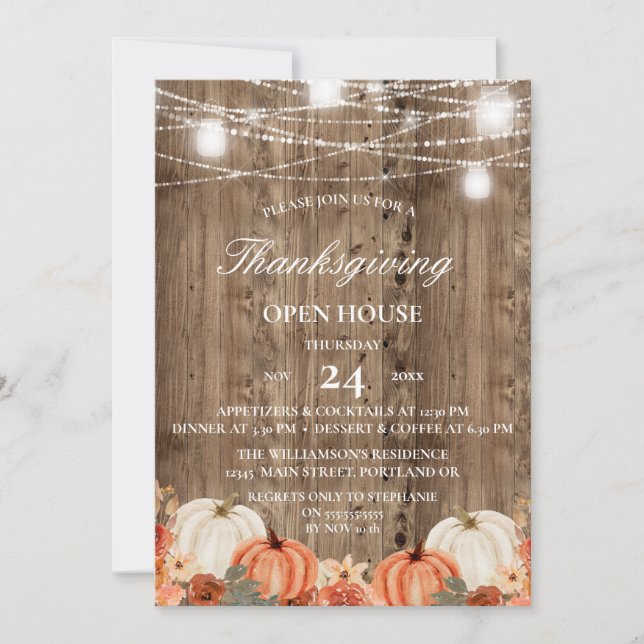 Invitation Maison ouverte de Thanksgiving en bois rustique et (Devant)
