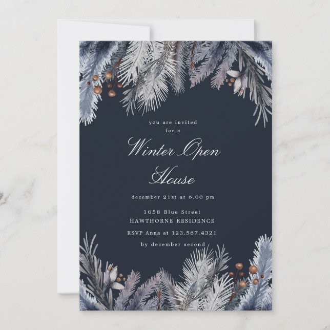 Invitation Maison Ouverte d'Hiver Verdure Bleue (Devant)