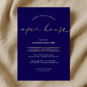 Invitation Maison ouverte élégante Navy & Or Script