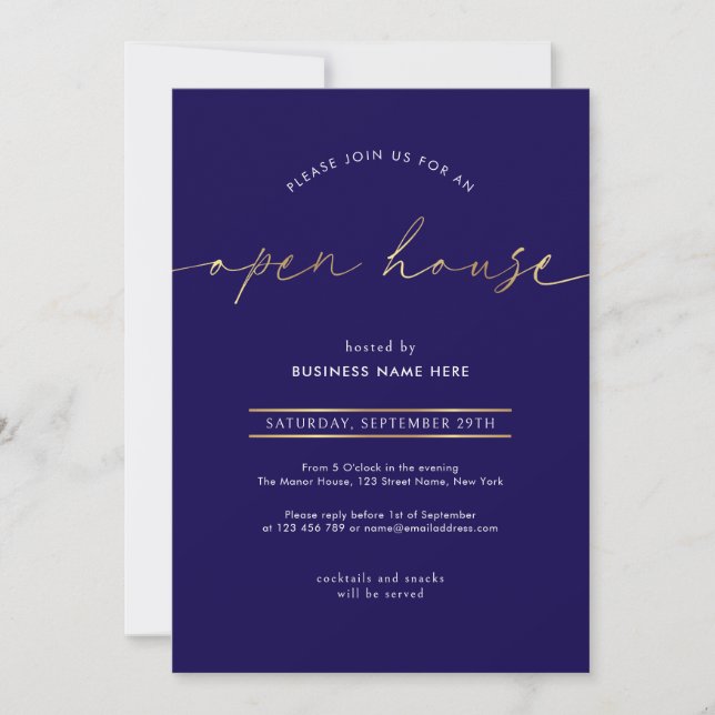 Invitation Maison ouverte élégante Navy & Or Script (Devant)