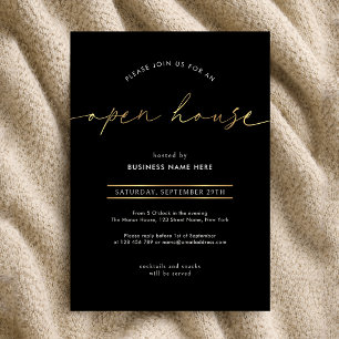 Invitation Maison Ouverte Entreprise Élégante Noir & Or Scrip