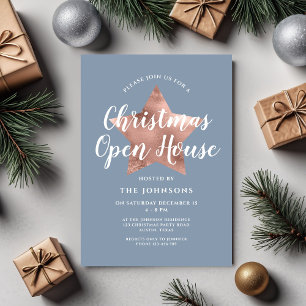 Invitation Maison ouverte Noël Rose Gold Star Bleu Poussiéreu