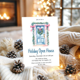 Invitation Maison ouverte pour les fêtes de Noël porte bleue