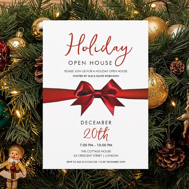 Invitation Maison Ouverte pour les Fêtes de Noël Ruban Rouge  (Christmas Holiday Open House Red Bow Invitation)