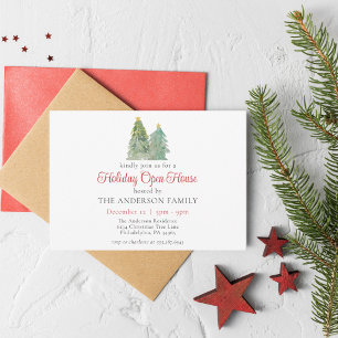 Invitation Maison ouverte pour Noël avec sapin au style aquar