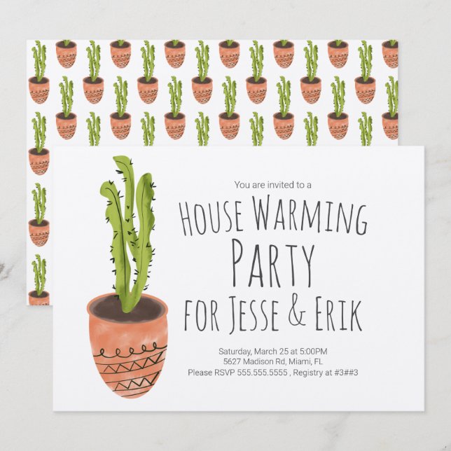 Invitation Maison Parti Réchauffement Cactus Plante main tiré (Devant / Derrière)