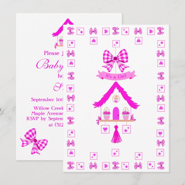 Invitation Maison rose personnalisée C'est une fille (Devant / Derrière)