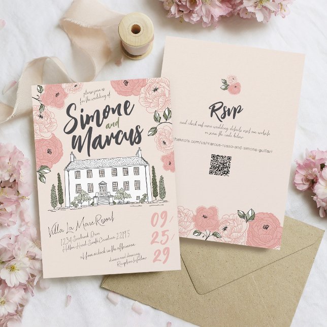 Invitation Maison unique dessinée Villa rose vert Mariage (Whimsical pink sage green floral unique hand drawn handwritten illustrated villa wedding invitation)