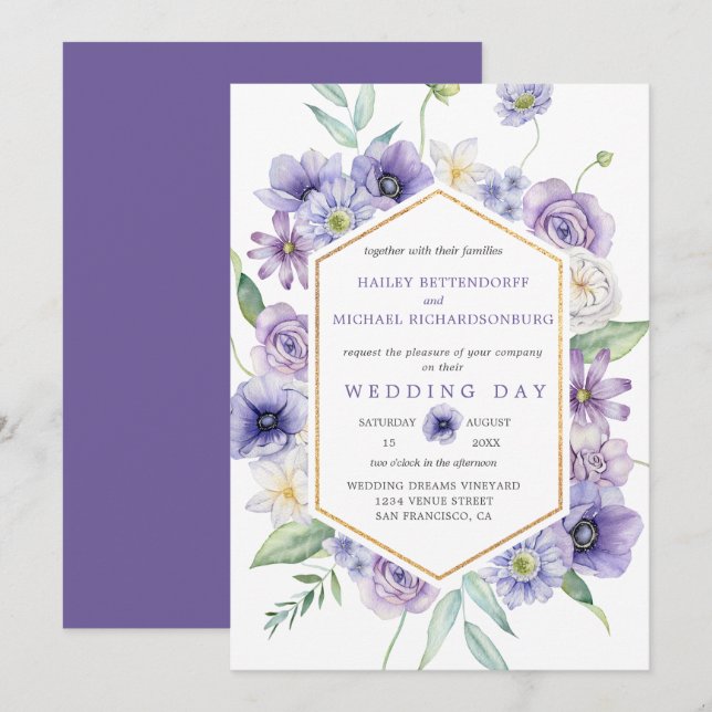 Invitation Maisonnettes violettes, Anémones, Mariage Floral R (Devant / Derrière)