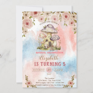 Invitation Maisons Champignons Aquarelle Fleurs Éclaboussure
