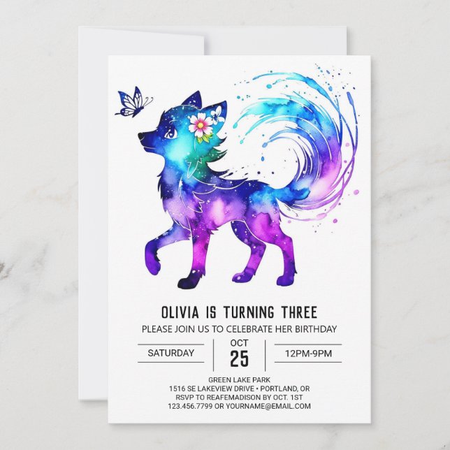Invitation Majestic Forest Wolf Digital Girl Anniversaire (Devant)