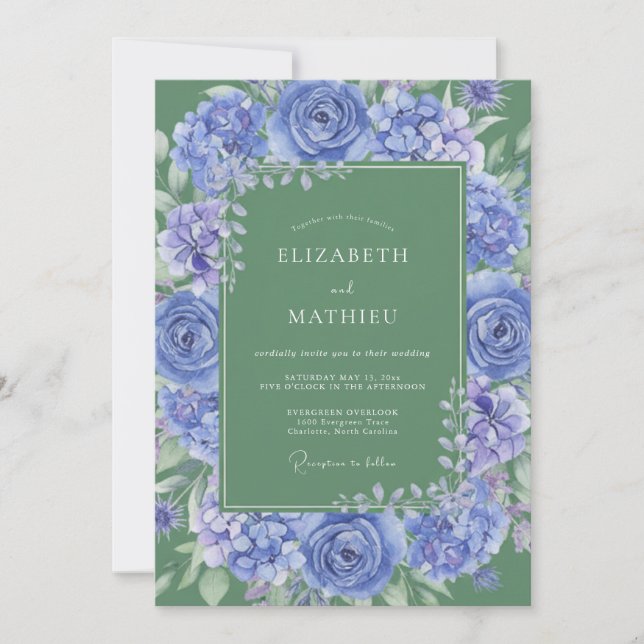 Invitation Majestueux mariage botanique bleu barbeau (Devant)