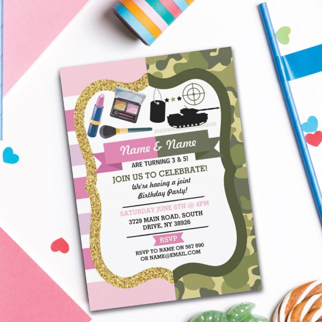 Invitation Make Up & Army Boy Girl Birthday Shared Party (Créateur téléchargé)