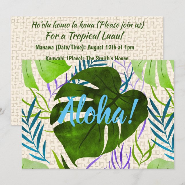 Invitation Maleah Monstera Tropical Hawaiian Aquarelle Vert (Devant / Derrière)
