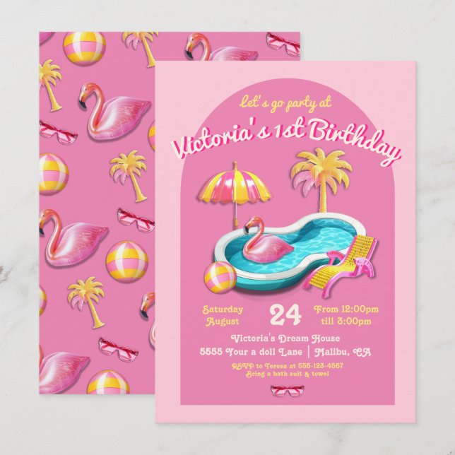 Invitation Malibu Beach Doll Retro Anniversaire Pool Party (Devant / Derrière)