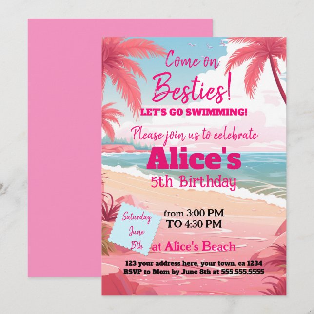 Invitation Malibu Doll Beach Pool Anniversaire (Devant / Derrière)