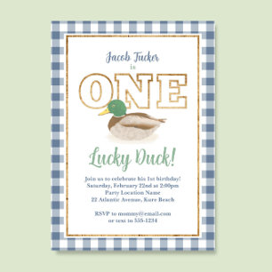 Invitation Mallard Duck Blue Plaid Hunter Boy 1er anniversair