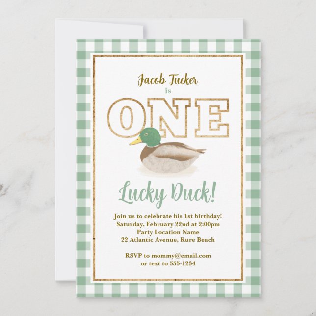 Invitation Mallard Duck Green Plaid Hunter Boy 1er anniversai (Devant)