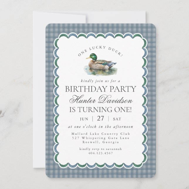 Invitation Mallard Duck Hunting Blue Gingham First Birthday (Devant)
