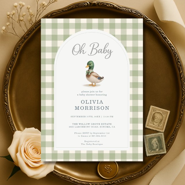 Invitation Mallard Duck Sage Green Gingham Baby Shower (Créateur téléchargé)