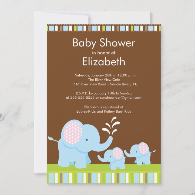 Invitation Mama & Baby Elephants Twins Baby shower Boy Girl (Devant)