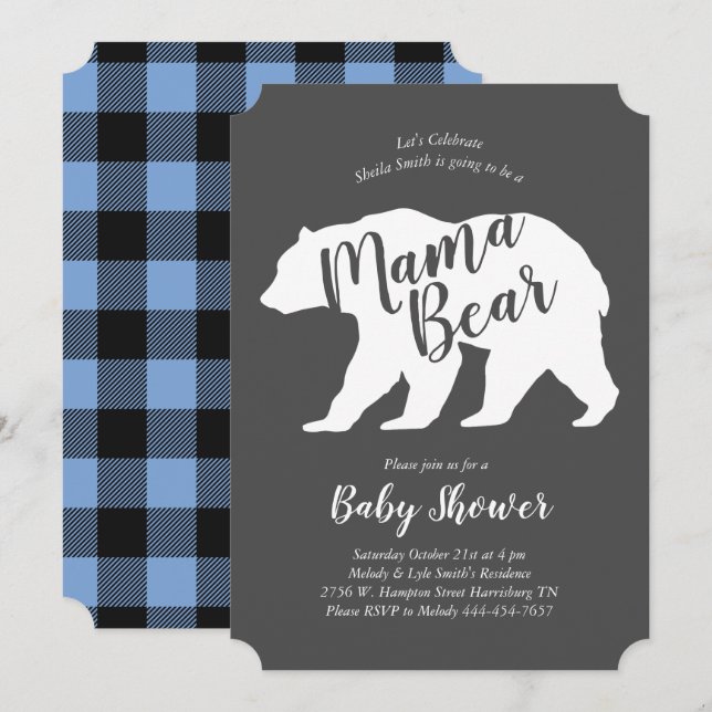 Invitation Mama Bear Baby shower Blue Plaid Boy (Devant / Derrière)