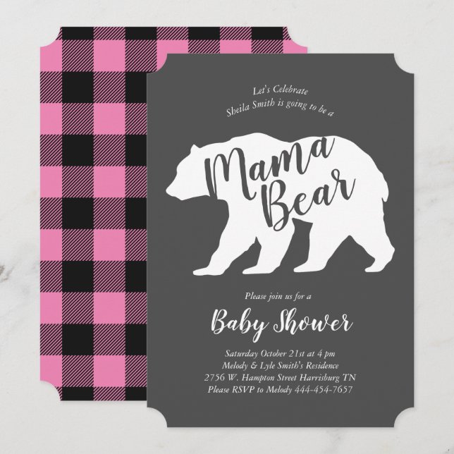 Invitation Mama Bear Lodge Baby shower Rose Plaid Girl (Devant / Derrière)