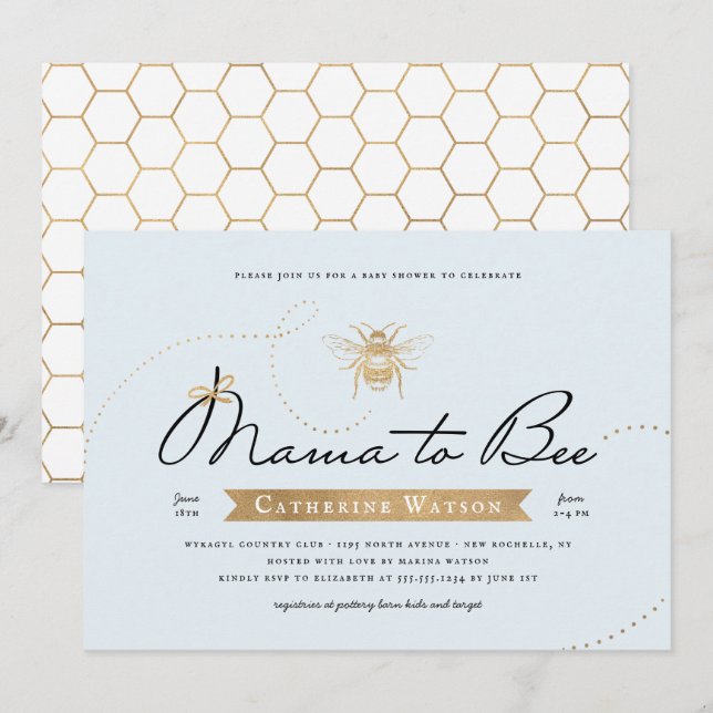 Invitation Mama d'or au Baby shower bleu (Devant / Derrière)