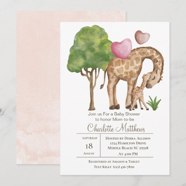 Invitation Mama et Baby Giraffe Jungle Baby shower Sarfari (Devant / Derrière)