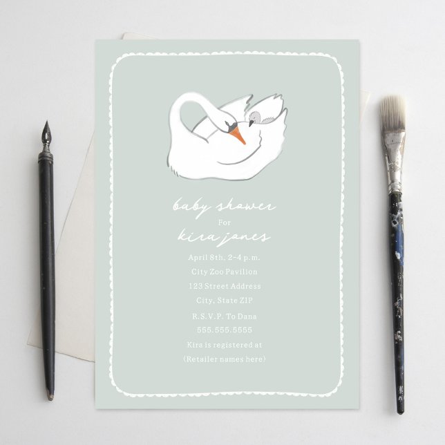 Invitation Mama et Baby shower Green Girl Swan tiré à la main (Créateur téléchargé)