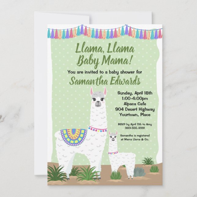Invitation Mama Llama et Baby Green Polka Dot Baby Shower (Devant)