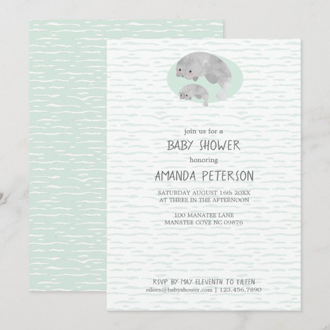 Invitation Mama mignonne & Manate bébé avec Baby shower Waves (Devant / Derrière)