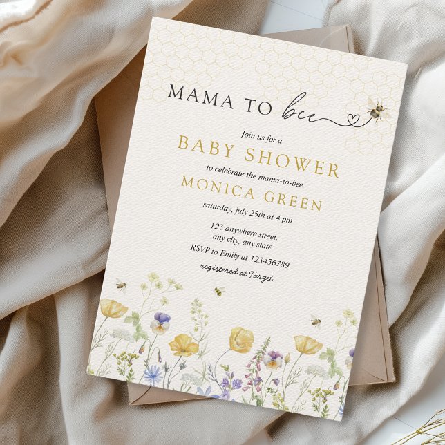 Invitation Mama to Bee Fleur sauvage Rustic Garden Baby showe (Mama to bee Baby Shower Wildflowers Spring Summer Garden Aesthetic Gender Neutral Minimalist Boho)