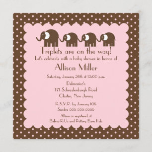 Invitation Mama & triplet Girls Baby Elephant Baby shower