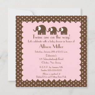 Invitation Mama & Twin Girls Baby Elephant Baby shower
