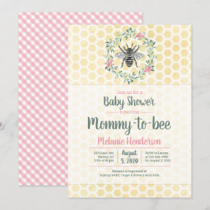 Invitation Maman à abeilles, nid d'abeille, en vichy, baby sh