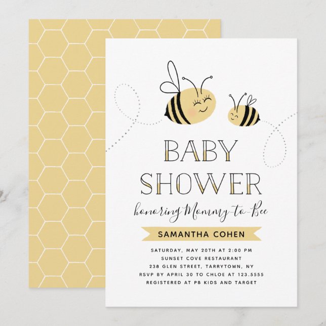 Invitation Maman-à-Bee | Baby shower | Jaune (Devant / Derrière)