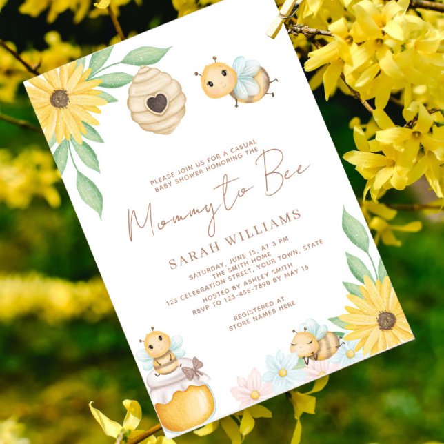 Invitation Maman À Être Baby shower Tournesol (Bee our guest for a sweet celebration!)