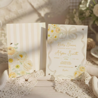 Invitation Maman abeille rayures jaunes et fleurs pour Baby S